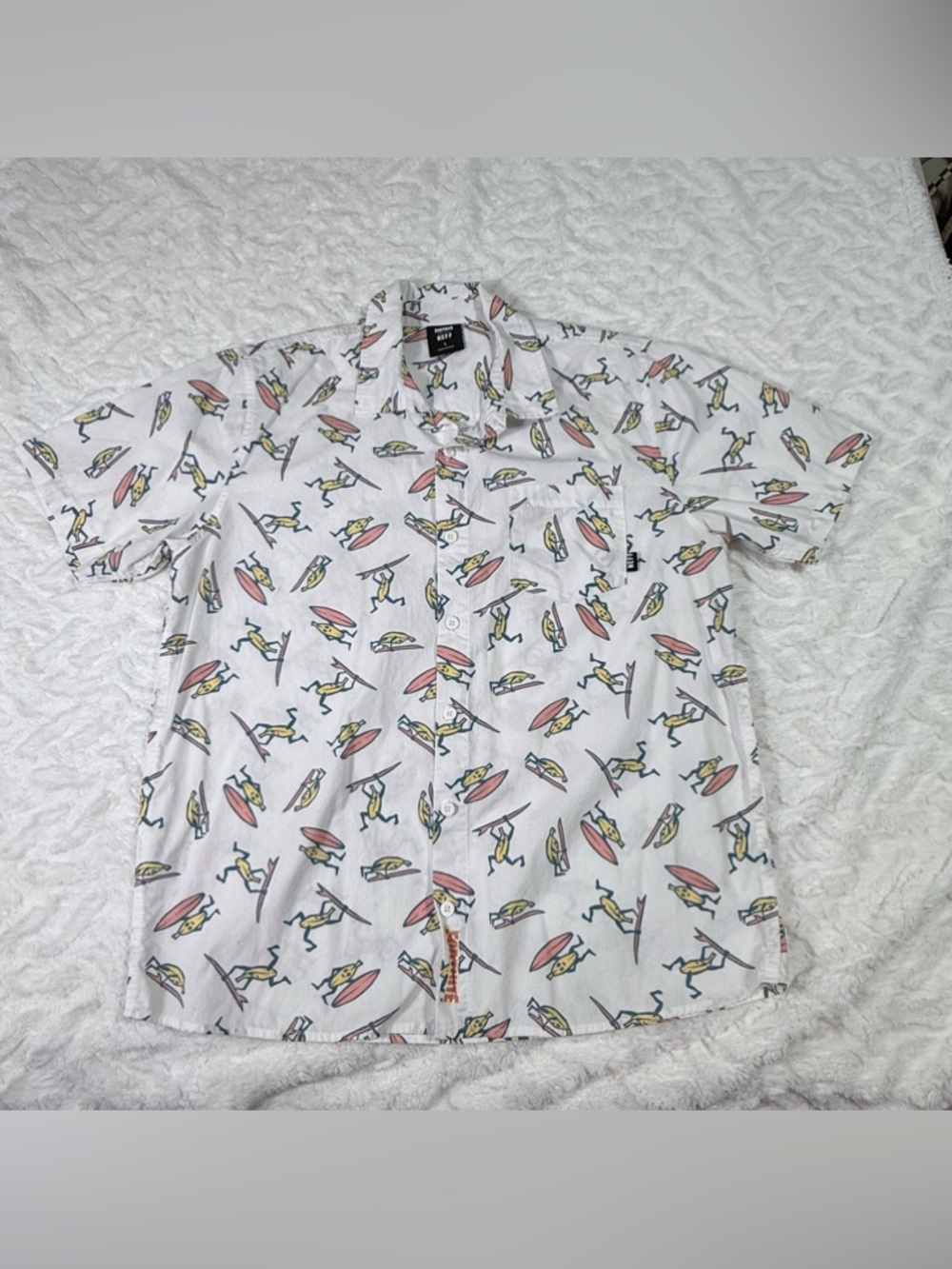 Neff White Short-Sleeve Banana Surf Print Button-Up Shirt -size L - EUC